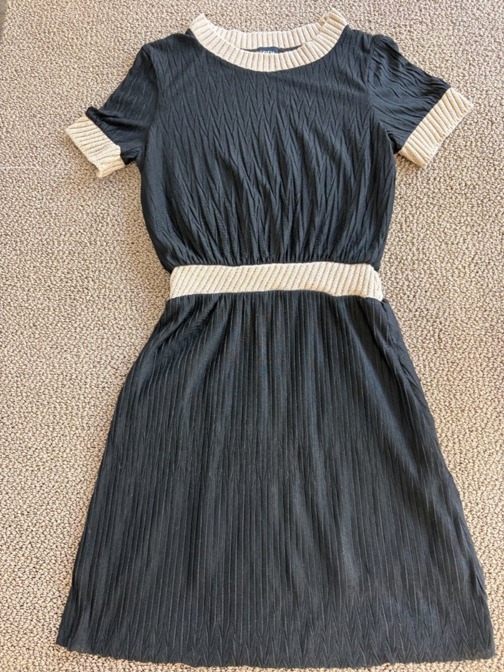 Zara Black Mini Dress — Short Sleeve w/ Beige Ribbed Crew Neck — Size Small